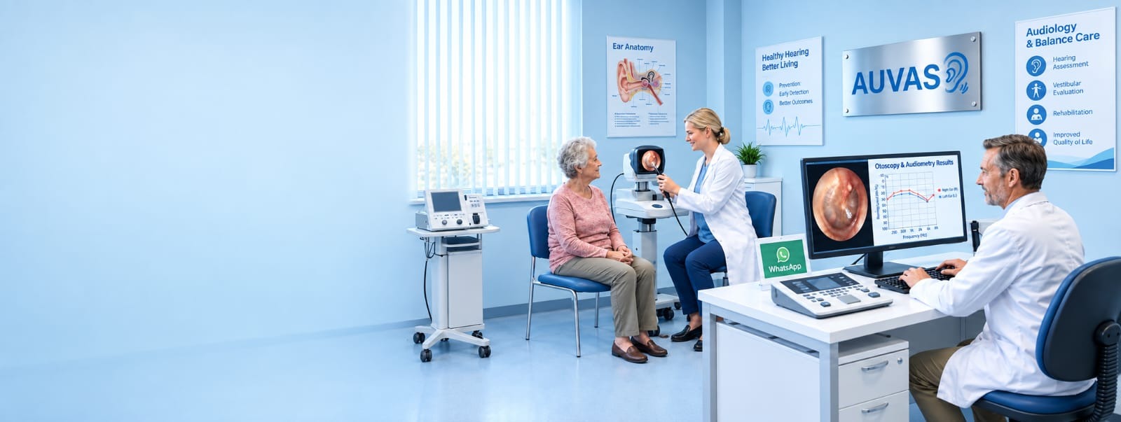 AUVAS clinicians examining a patient with video otoscopy while reviewing tympanometry results