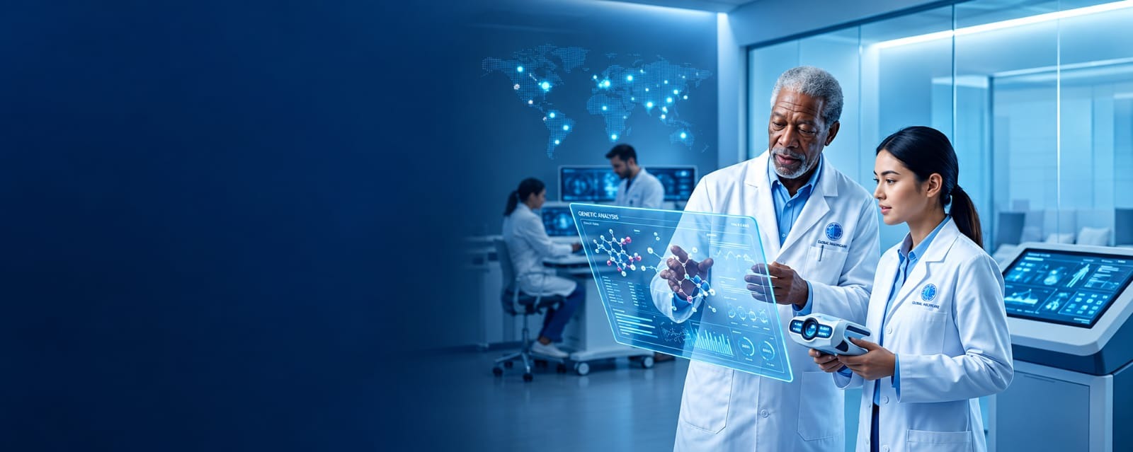 Clinicians reviewing a holographic career-mapping network and scientific display in a modern audiology clinic