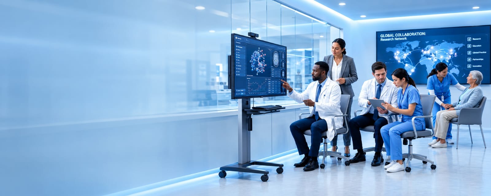 AUVAS clinicians collaborating around a research display with a global network map in the background