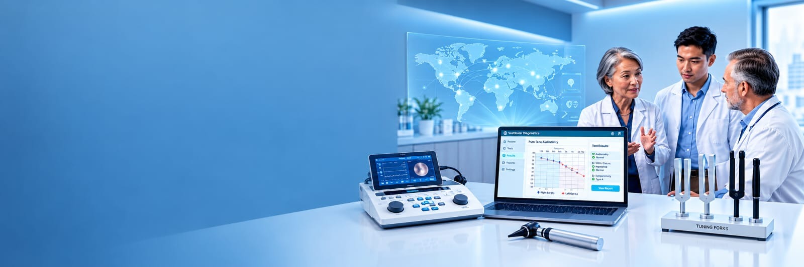 Clinicians reviewing audiometry results beside a global research network map and diagnostic instruments