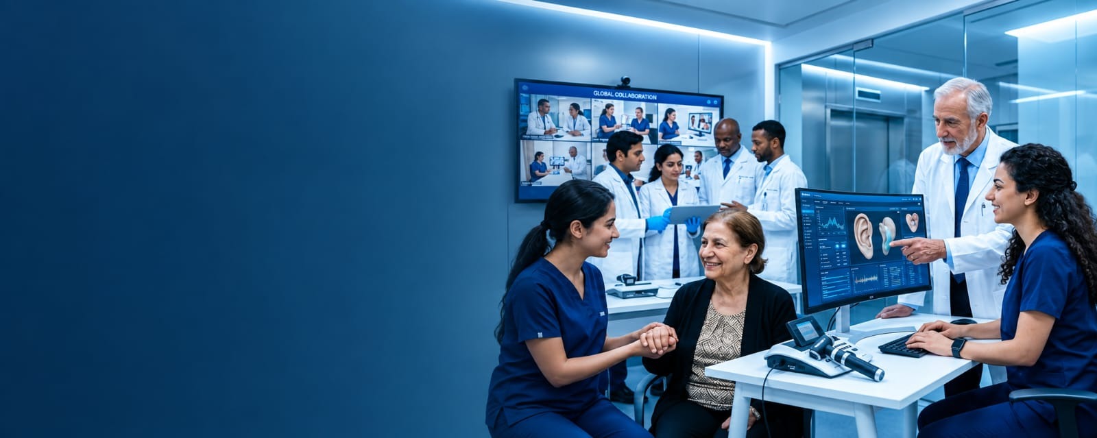 A clinician holding a patient's hand while a care team reviews ear diagnostics and a global collaboration display
