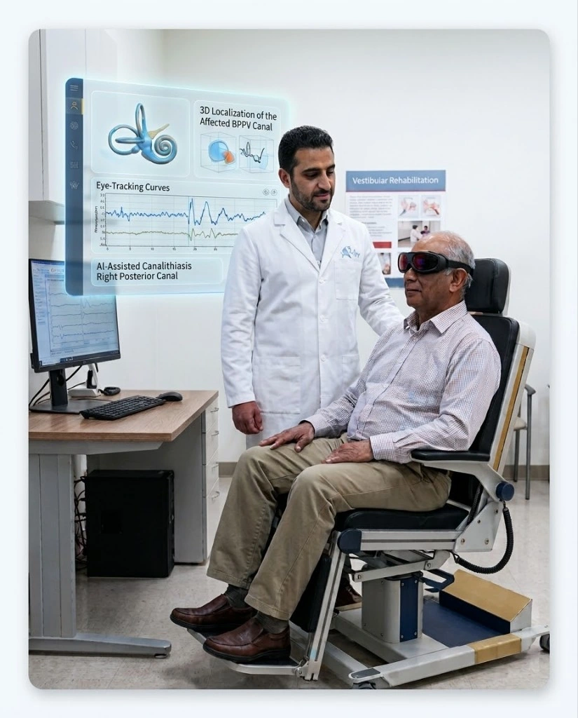 Clinician standing beside a patient in a diagnostic vestibular chair with goggles and an AI BPPV overlay
