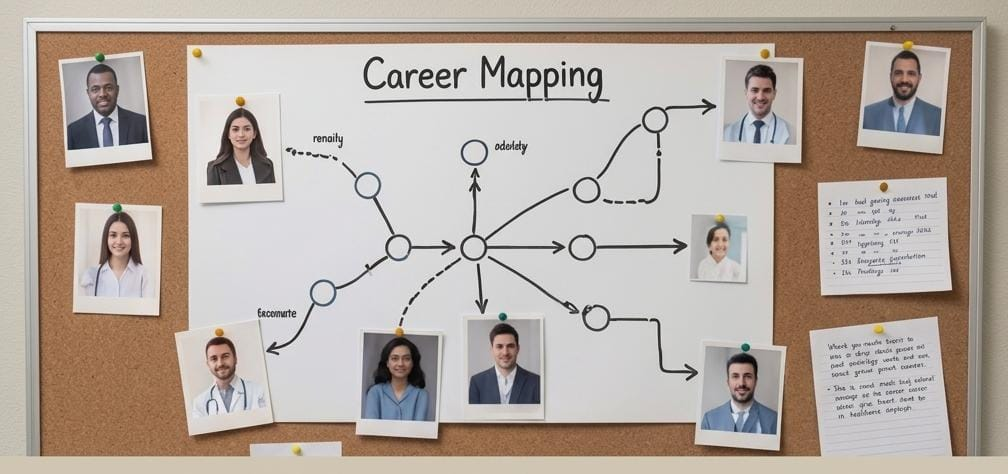 Career mapping board with connected pathways and professional portraits