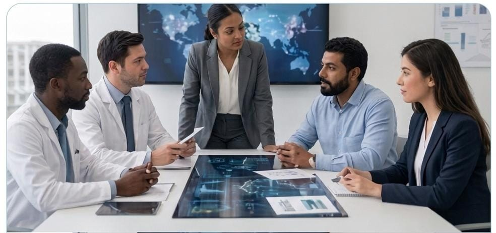 Clinicians and researchers collaborating around a digital conference table
