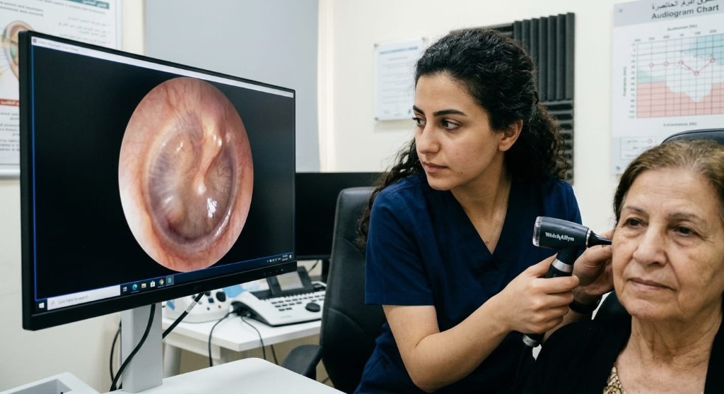 Audiologist examining a patient’s ear with a digital otoscope while reviewing the eardrum on a monitor