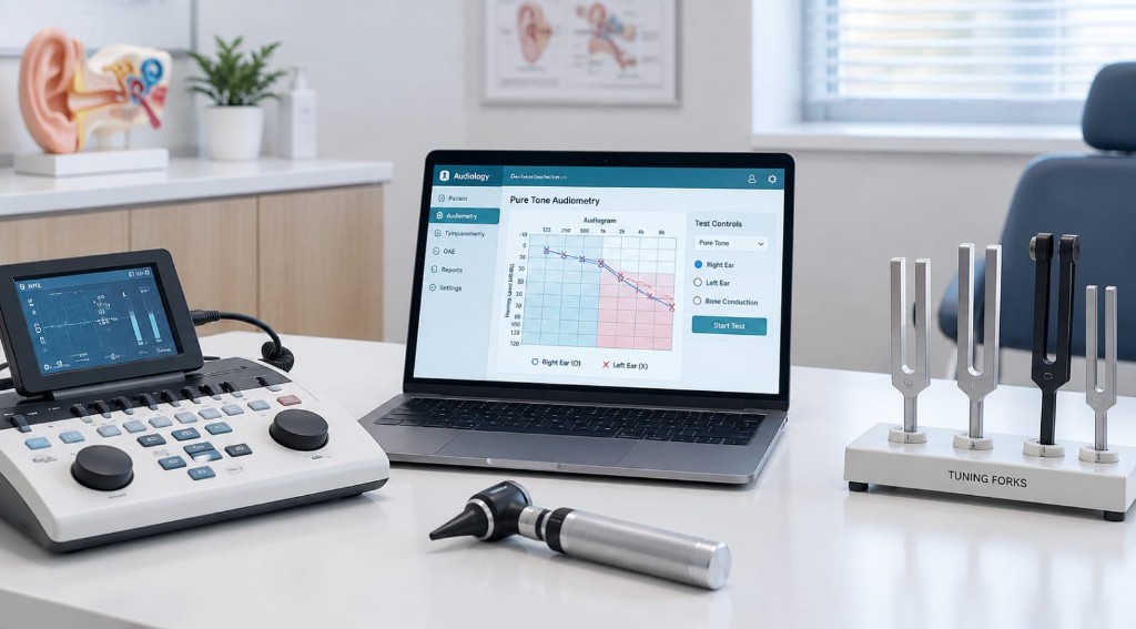 Audiology workstation with a pure-tone audiogram, audiometer, otoscope, and tuning forks