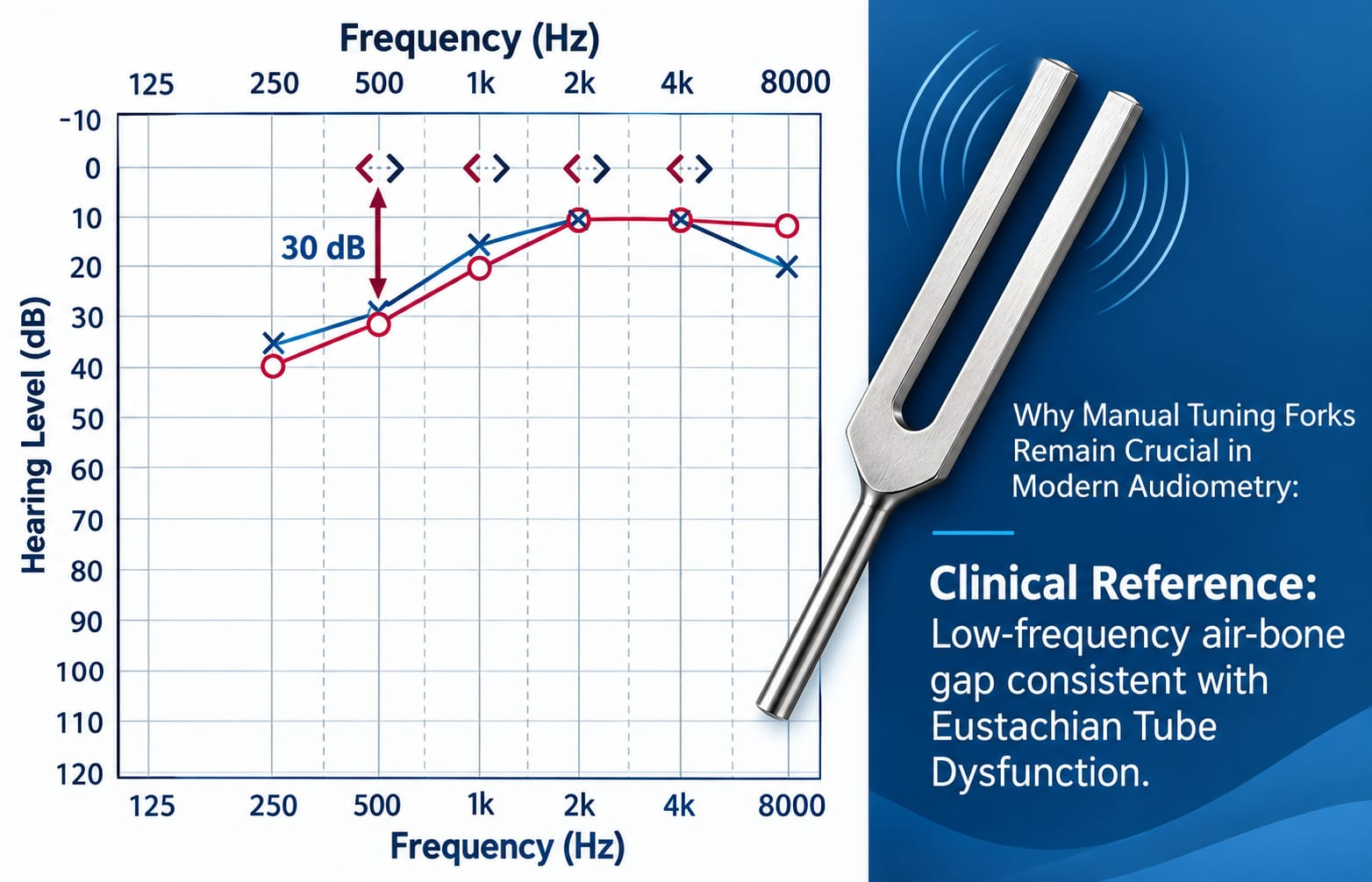 Audiogram showing low-frequency conductive hearing loss beside a tuning fork graphic used to verify Eustachian Tube Dysfunction