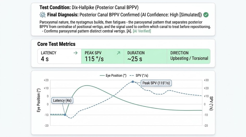 AI-assisted Videonystagmography diagnostic report confirming posterior canal BPPV with latency, peak SPV, and nystagmus waveform metrics